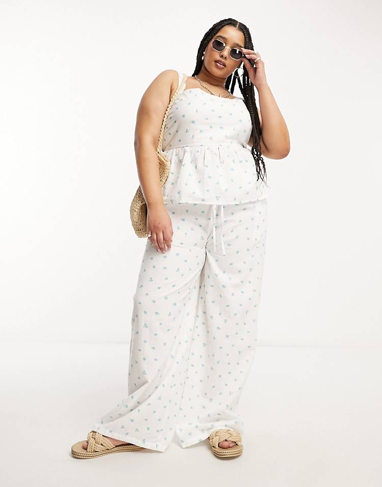 Daisy Street Plus linen relaxed pants in ditsy floral -set